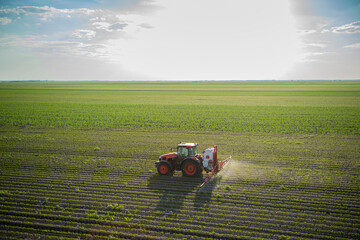Fototapeta premium Spraying pesticides at soy bean fields