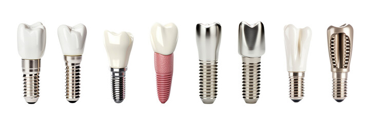 Set of dental implant models of molar teeth on a transparent background