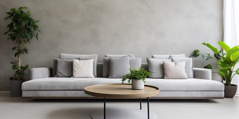 Gray sofa and round coffee table in the living room.