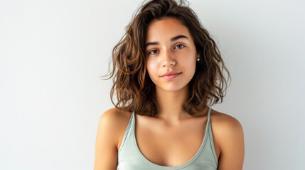 Fototapeta premium young woman with shoulder-length wavy hair and a gentle smile is wearing a tank top, posing against a plain light background