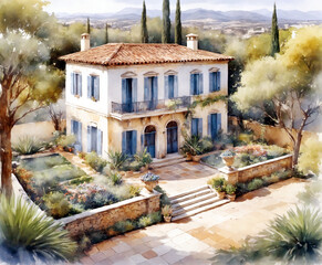 Mediterranean House Watercolor Painting Style Background