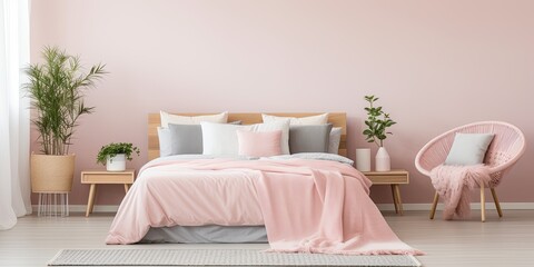 Pink bed, cushions, plant on stool in cozy, feminine bedroom. Furniture fits in real photo.