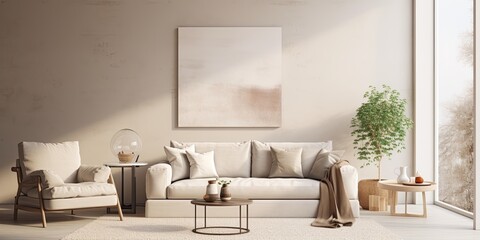 Stylish living room decor with a mock-up painting, grey sofa, window, armchair, and personal items, all in beige tones.