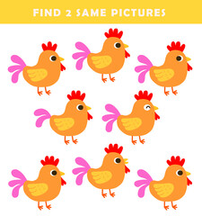 Find 2 same hens. Puzzle game for children. Preschool worksheet activity for kids. Educational game.