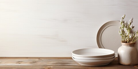 White wooden table top with copy space featuring an empty plate. Rustic kitchen mock up with craft paper.