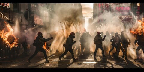 A violent riot rocks the urban area as riot police attempt to quell the destruction - obrazy, fototapety, plakaty