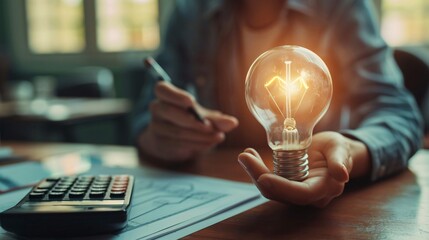 Conceptual image of a person holding a glowing light bulb with a calculator and paperwork on a desk, symbolizing idea generation and financial planning. - obrazy, fototapety, plakaty