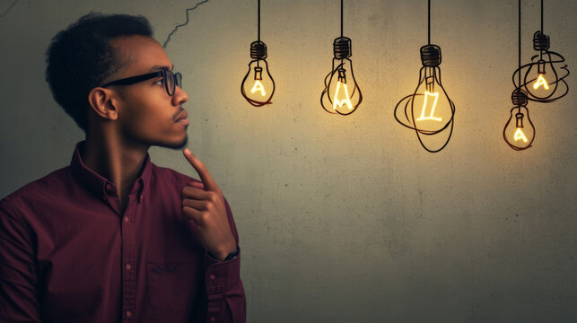young man in glasses looking upwards and pointing at a series of illustrated light bulbs above him, with one particularly bright and illuminated, symbolizing a bright idea or inspiration