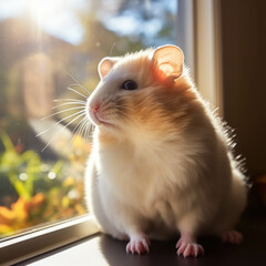 A fluffy hamster sits on a window sill next to a plant. The hamster is looking out the window at home. Cute animal
