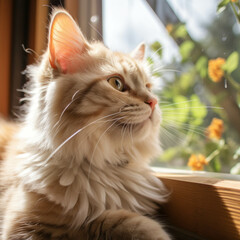 A fluffy cat looks out the window at home. The cat appears to be very comfortable and relaxed.