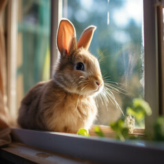 A fluffy rabbit sits on a windowsill, looking out the window. The green plant background is blurry. The sun is shining 