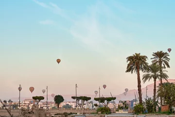 Foto op Plexiglas sun rise from luxor temple with palm tree and cloudy blue sky and hot air ballon in the background, Luxor, Egypt. © Mostafa Eissa
