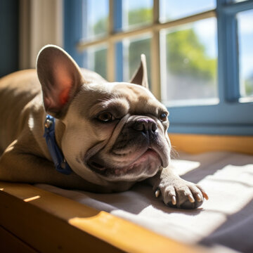 A French bulldog puppy is lying on a wooden windowsill, looking at the camera with its paws in front of it. The puppy has large ears and dark eyes. The sun is shining through the window.