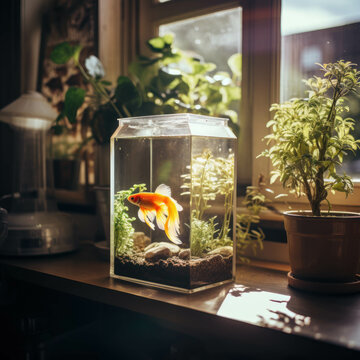 A goldfish is swimming in a small fish tank on a windowsill surrounded by plants. Cute animal