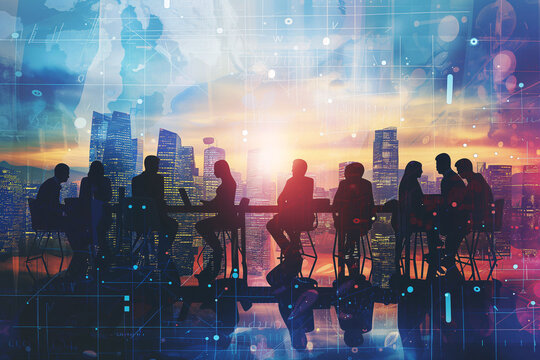 Silhouetted business team in a meeting with a vibrant digital cityscape overlay representing global connectivity and teamwork..