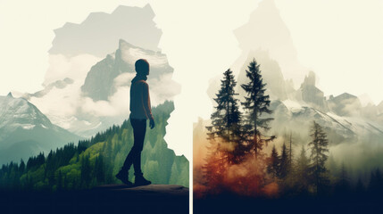 Fototapeta premium Double exposure of nature and man standing on a rock in a mountainous landscape range obscured by fog and trees.