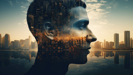Double exposure of the businessman is superimposed over a cityscape, with water and a sunrise in the background - obrazy, fototapety, plakaty