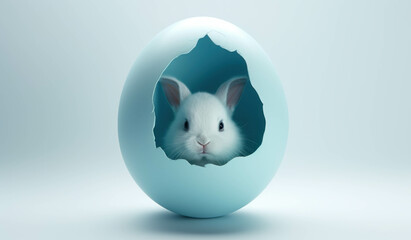 Happy Easter day bunny. A rabbit appears through a hole in a cracked blue egg on a blue background