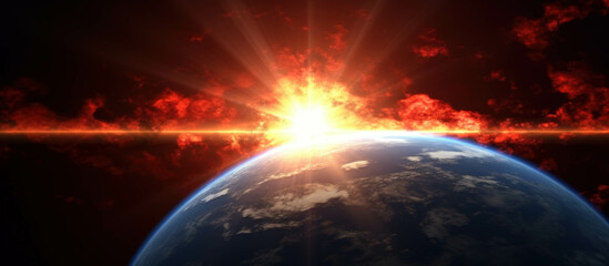 View of the Earth with a fiery exploding red sun rising. The sky is filled with clouds of red smoke, and the Earth is blue. The sun is a bright yellow-white color with a bright yellow.
