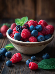Rustic Abundance: Mixed Berries in Wooden Bowl on Weathered Table