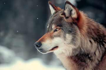 Fototapeta premium A wolf in profile with snowflakes on its fur, showcasing its thick coat and alert gaze.