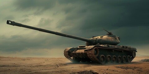 Military tank with canon on armored vehicle moving with tracks across tough terrains - obrazy, fototapety, plakaty