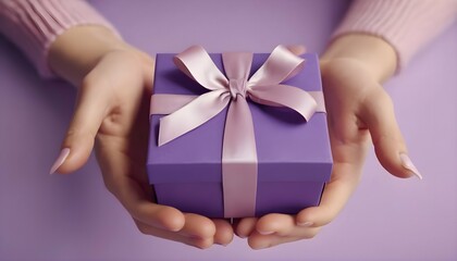 image of female hands holding a gift box on a purple pastel tone. Valentine's Day and International Women's Day
