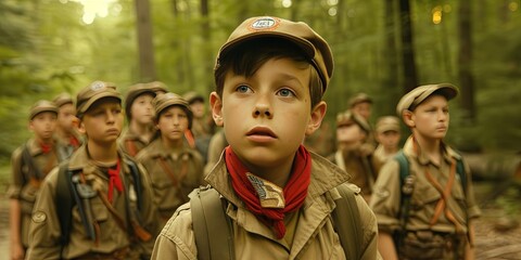 A troop of young boys scouting in the woods during a camping trip and hike - obrazy, fototapety, plakaty