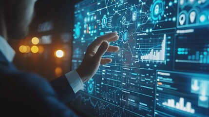Professional analyzing futuristic GUI with touch gesture, data management concept