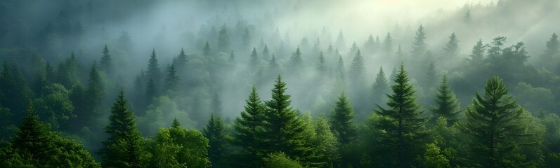 Misty foggy covering a fir forest, Pine tree Forest panorama view.