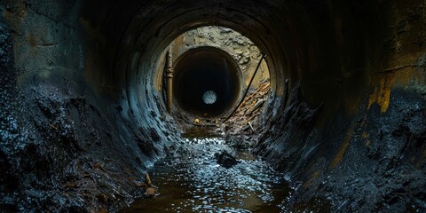 Inside the sewer with sewage flowing within the pipes