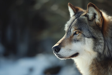 Side view of a wolf with sharp eyes and a calm expression, with a snowy background.