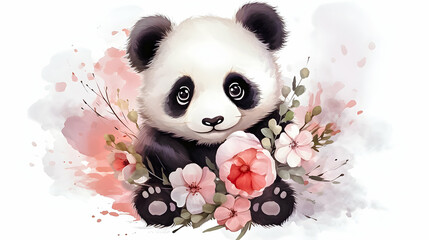 Cute panda cub surrounded by soft pink blossoms.