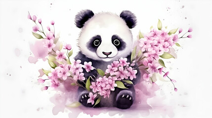 Baby panda with flowers in a purple watercolor setting.