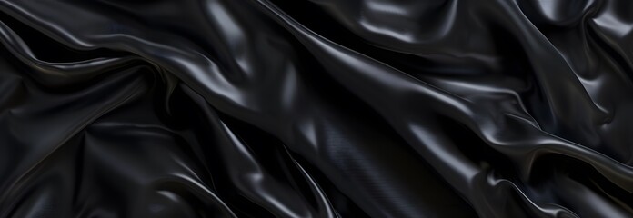 Black shiny ripple silky satin fabric texture display as background. copy space, mock up.	
