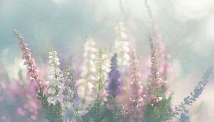 Pale bright pastel background with beautiful colorful meadow flowers. 