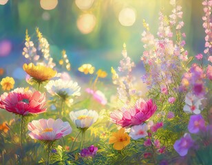 Pale bright pastel background with beautiful colorful springtime meadow flowers. 