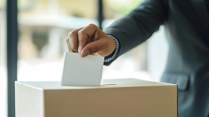 Person casting a ballot in a voting box.