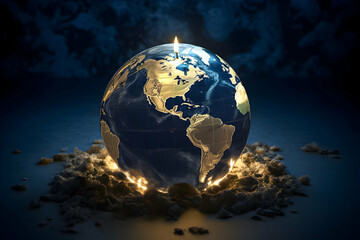 Obraz premium Glowing globe with a candle on top in the dark.