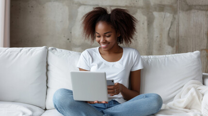 Naklejka premium smiling young woman is comfortably seated on a couch, looking at a tablet while holding a smartphone in her other hand