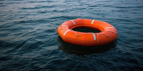 Orange life raft inflatable on the ocean surface ready to save lives - obrazy, fototapety, plakaty
