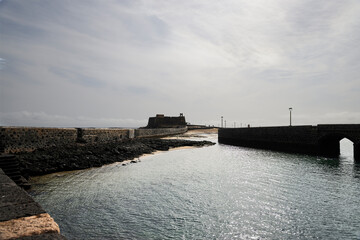 Arrecife (Spain), January 18, 2024. Ball Bridge. The Ball bridge was built to defend the capital of Lanzarote from pirates. It owes its name to the two stone balls on the columns