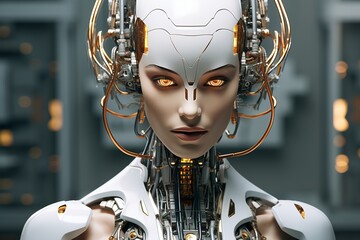 A closeup of a sophisticated woman female robot macjine with golden eyes and intricate headgear. Futuristic technology concept - obrazy, fototapety, plakaty