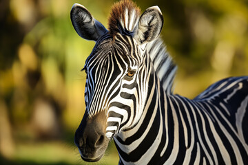 Fototapeta na wymiar A close-up of a zebra's head with distinct black and white stripes, against a blurred green background.