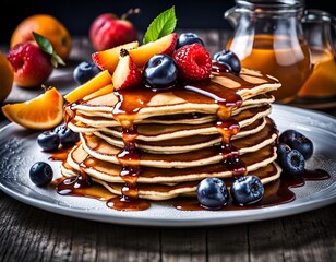 Freshly Prepared Pancake Stack Topped With Fruit and Syrup on a Rustic Wooden Table