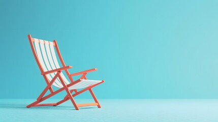 Beach chair isolated on blue background. summertime beach scene banner. copy space. Mockup. side view. - obrazy, fototapety, plakaty