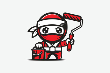 ninja cartoon mascot holding paint bucket and paint roller brush vector © Artsy N