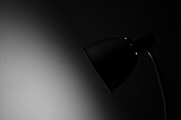 The floor lamp shines in the dark. Single lamp in the dark. Lamp night black and white.