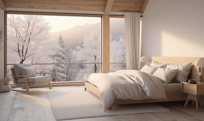 Bedroom with a warm bed and beautiful winter landscape on the window, generated by ai