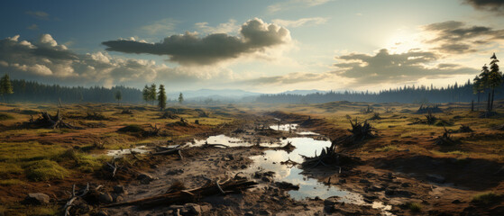 Obraz premium Serene Post-Rain Marshland at Sunset